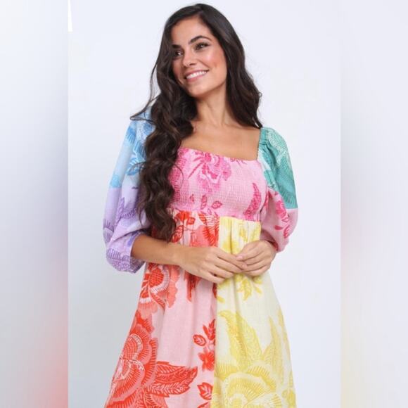 Farm Rio women's medium Colorful Floral Long Sleeve Dress linen smocked - Picture 1 of 10
